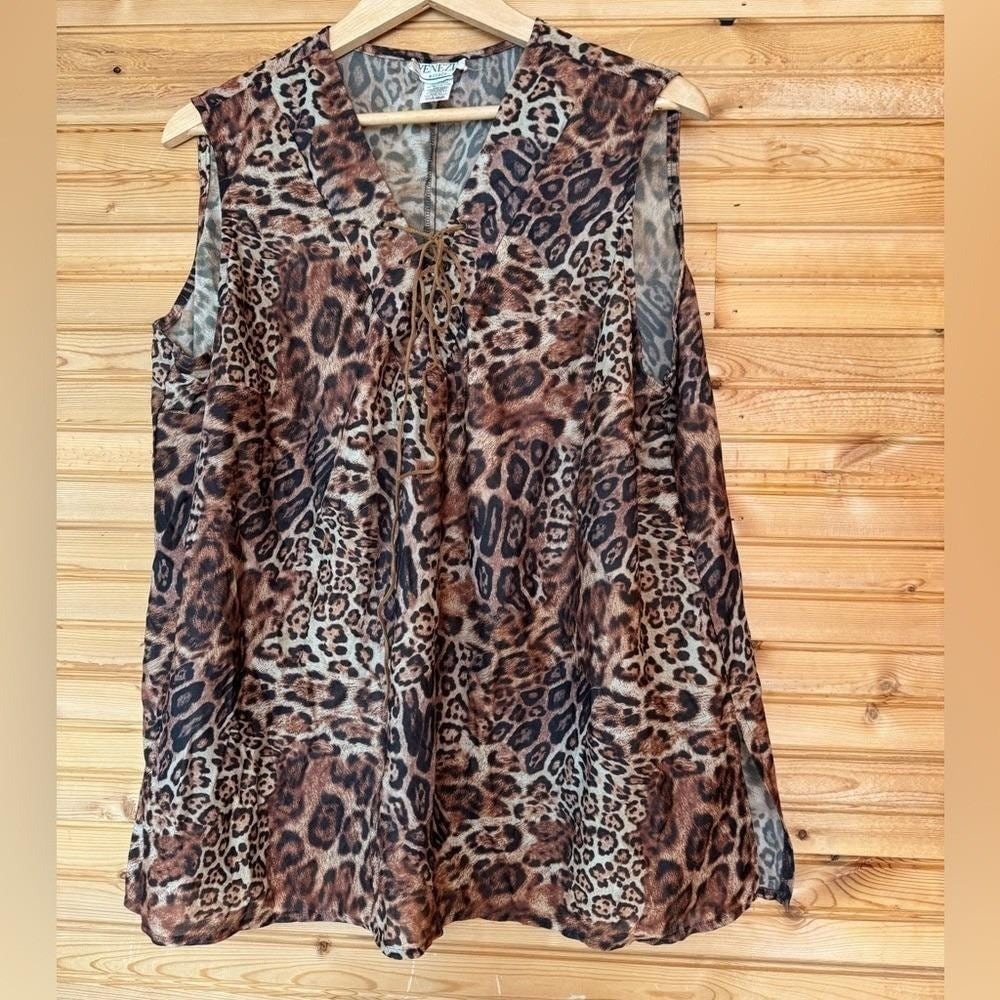 VTG Y2K Venicia Vitale Top Leopard Sleeveless Flowy Leather Lace 2X Animal Print